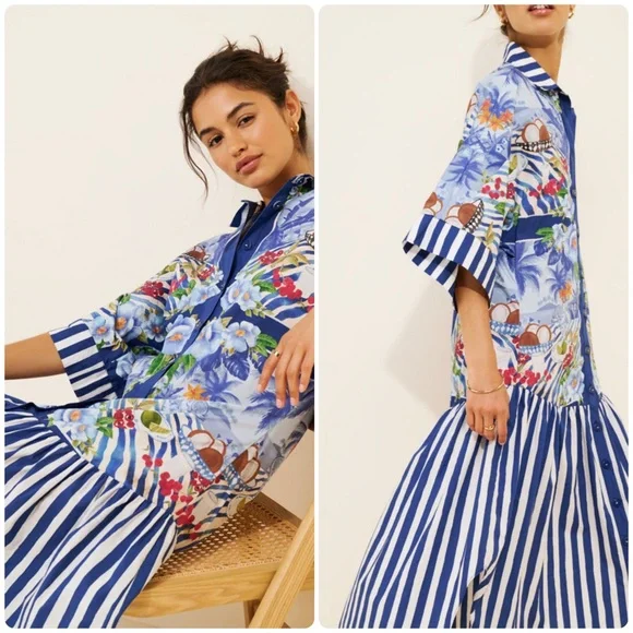 Farm Rio size XS Fresh Table Scarf Midi Dress Blue NWT No Belt - Picture 2 of 12